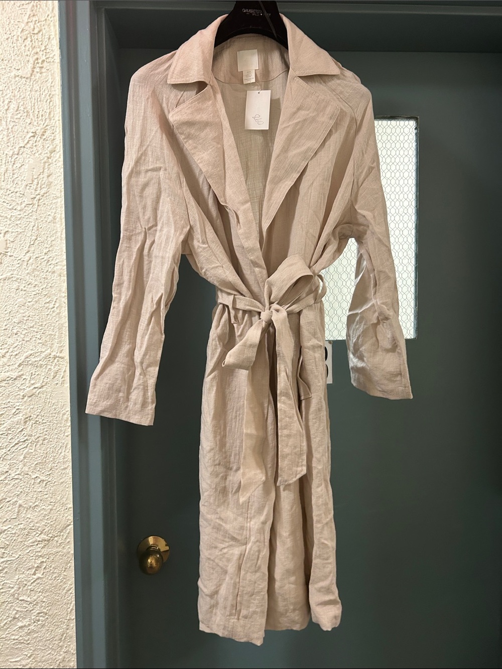 H&M Women’s Light Beige Linen-like Duster Belted Coat Size Medium BRAND NEW TAG